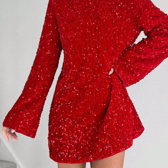 Red Party Women's Sequin Embellished Round Neck Long Sleeve Mini Dress - Picture 6 of 6